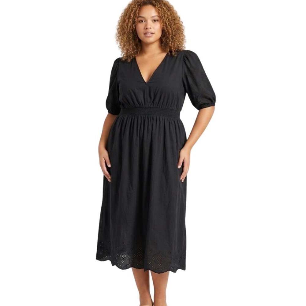 Old Navy Midi Dress Womens 2X Black Eyelet Embroidery Smocked Waist Puff Sleeve